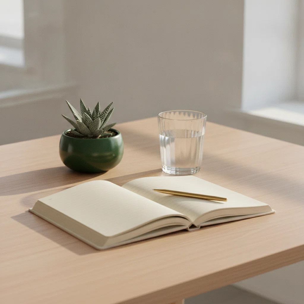 A calm workspace with a notebook, a potted plant, and a glass of water on a wooden desk