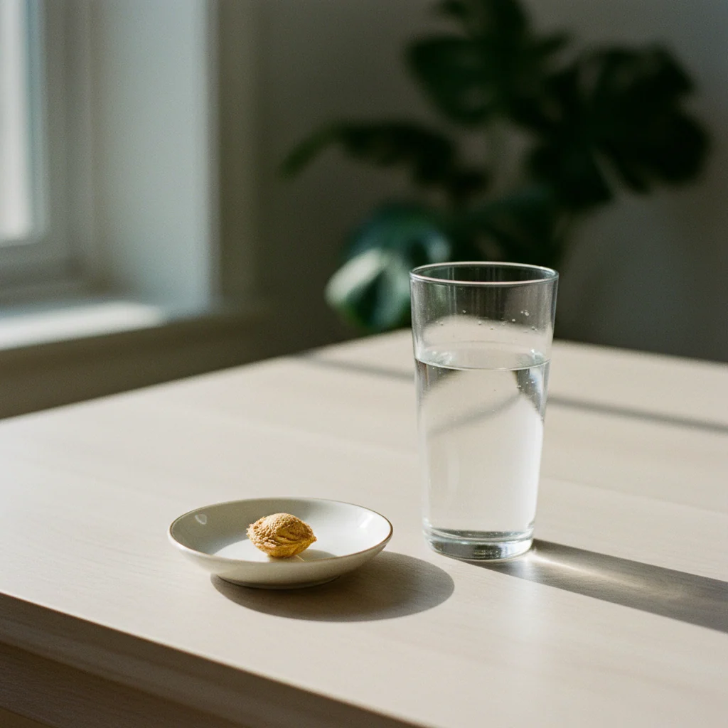 A glass of water and a capsule on a light wooden morning breakfast table beside a small bowl of fruit