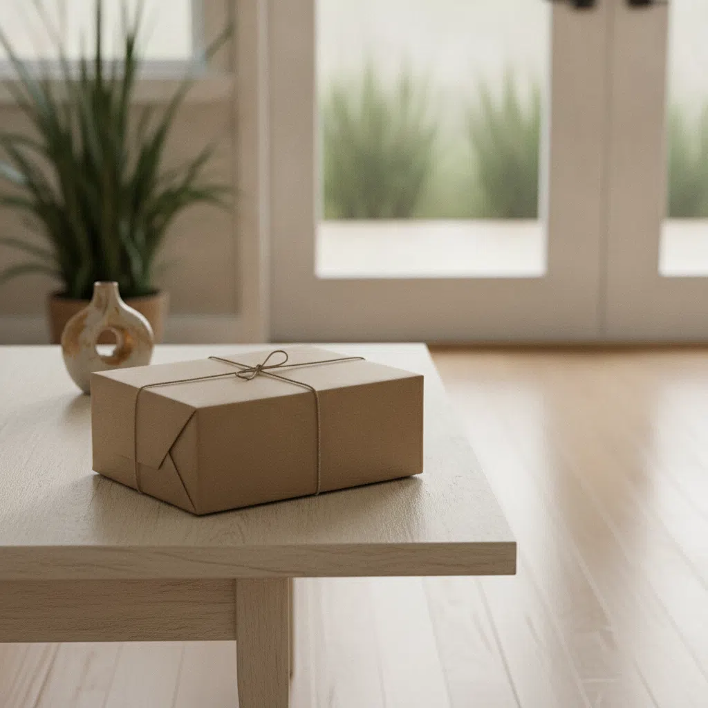 A neat kraft paper parcel box placed on a table near a bright front entryway