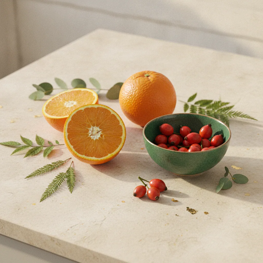 Fresh oranges, rosehip berries, and green herbs arranged on a light stone kitchen surface