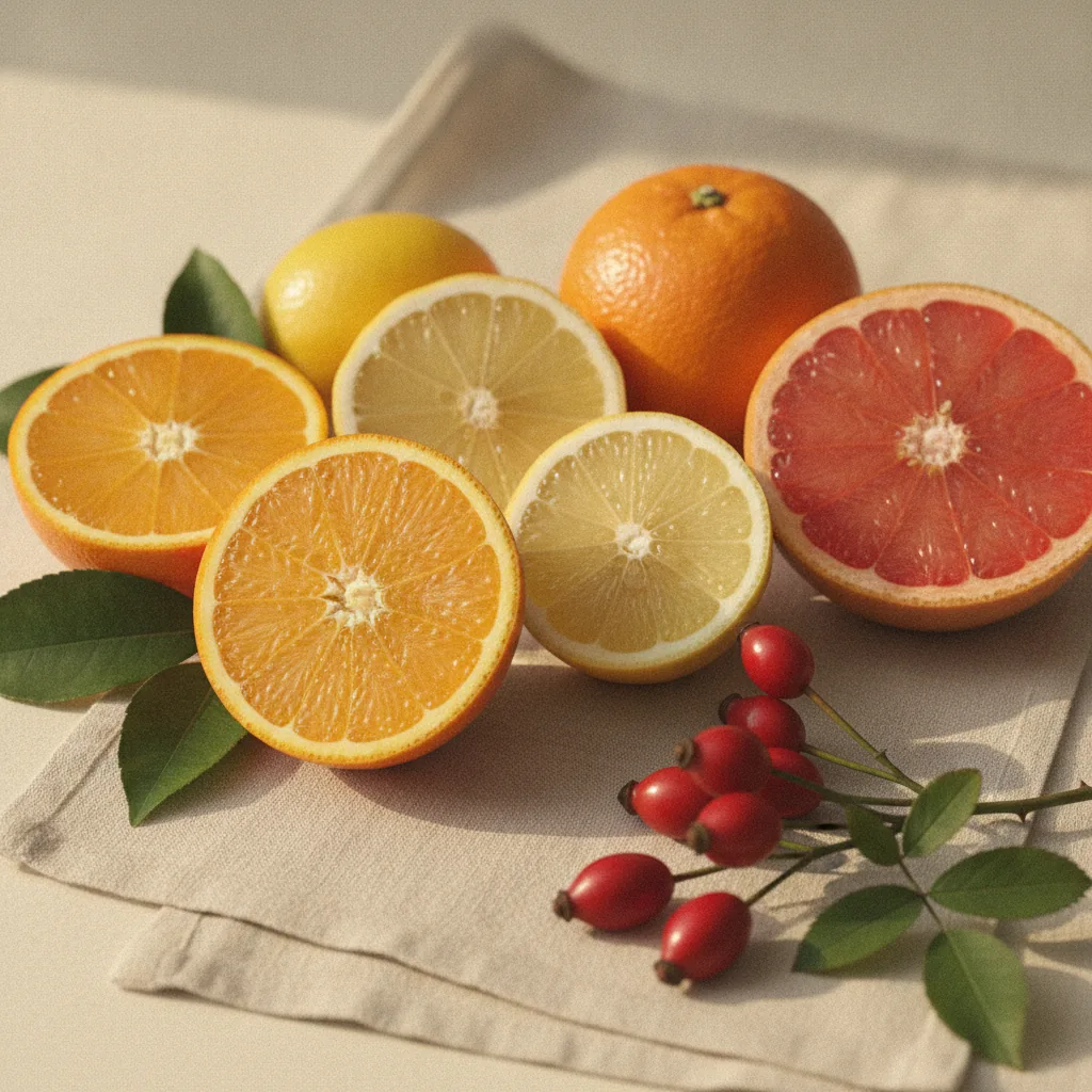 Fresh citrus fruits and rosehip berries on a pale stone surface representing Vitamin C sources