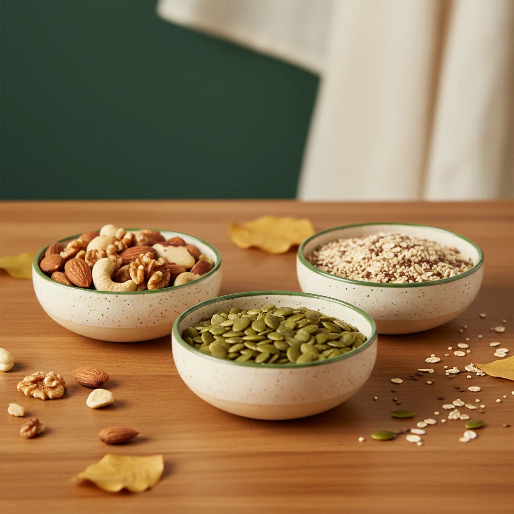 Mixed nuts, seeds, and grains in small ceramic bowls representing magnesium and B-vitamin rich foods