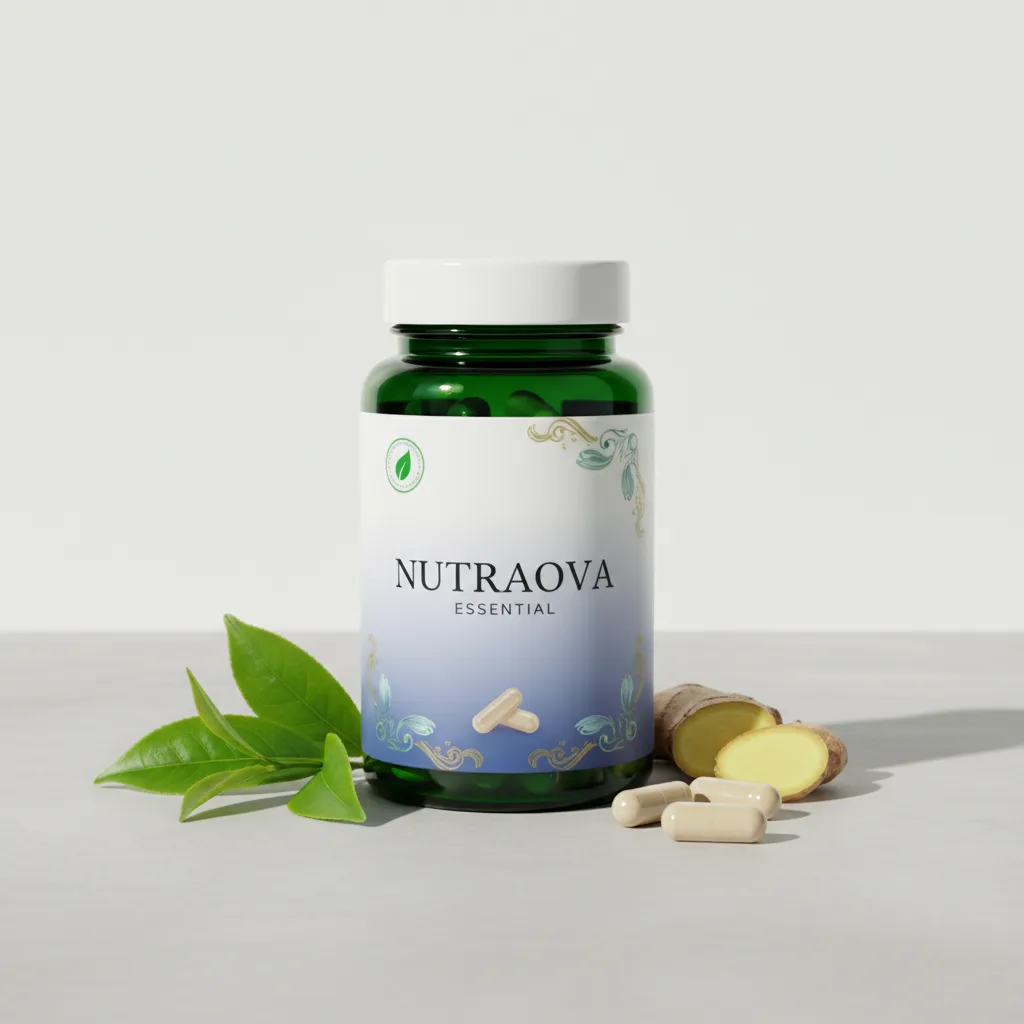 NutraNova Essential dark green glass supplement jar with silver lid on a clean white surface