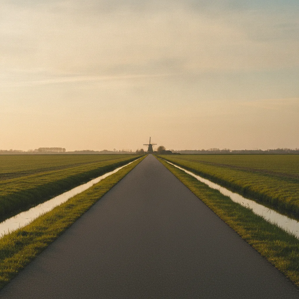 Fietspad door een open polderlandschap met zicht op windmolens