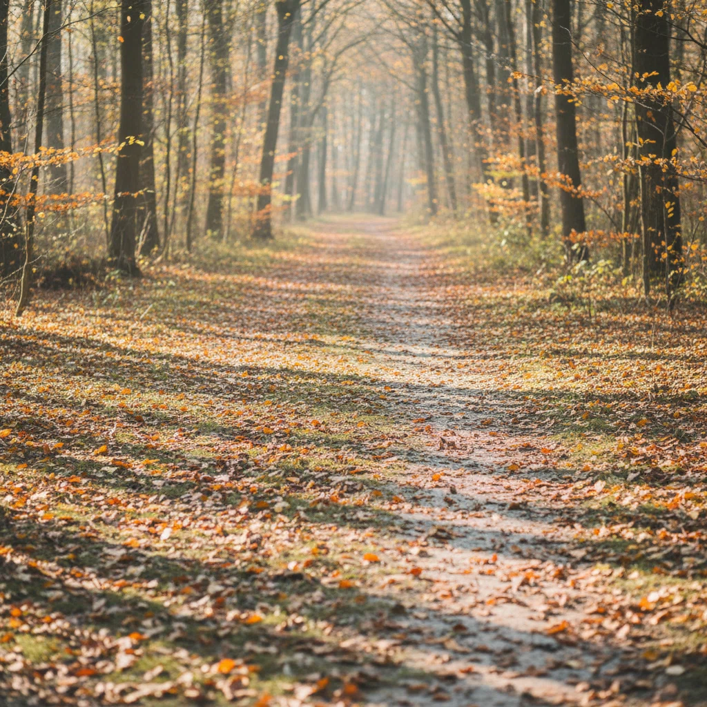 Neergevallen herfstbladeren op een stil bospad met lange slagschaduwen